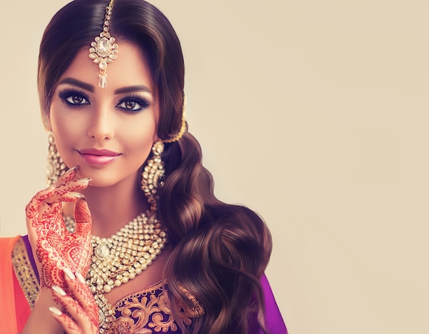 Tender look and soft smile on the face of young woman dressed in Indian national costume