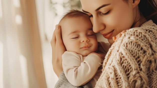 Tender moment as a mother cradles her sleeping baby in warm light