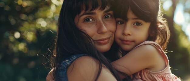 Tender moment as a mother embraces her young daughter in a warm sunsetlit nature setting