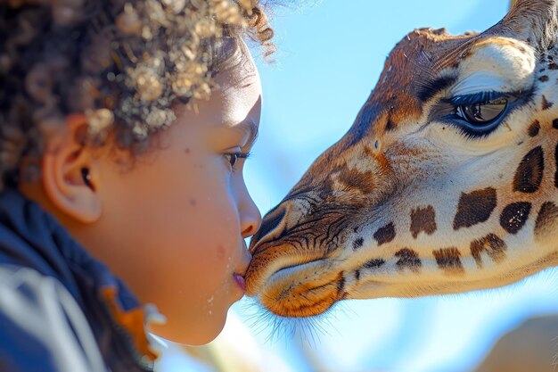 Photo tender moment between child and giraffe affectionate interaction outdoor wildlife experience