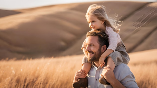 A tender moment in the fields where a little girl sits proudly on her fathers shoulders her hair tousled by the gentle breeze