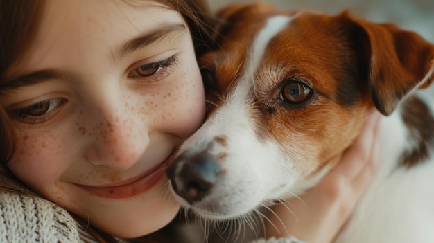 A tender moment between a freckled girl and her loving dog with a joyous intimacy