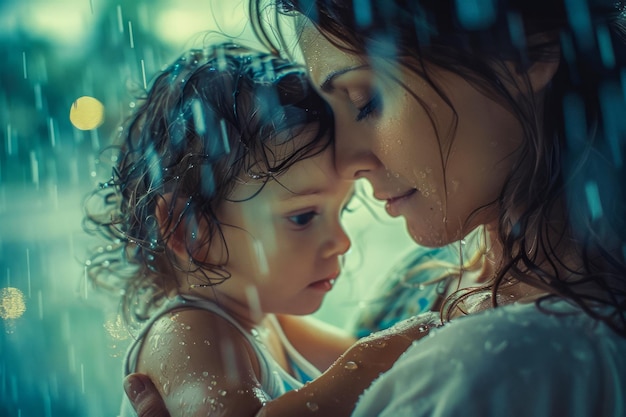 Tender Moment Between Mother and Child Embracing in the Rain Emotional Connection with Water Drops