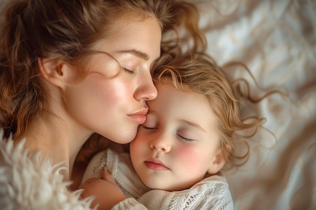 Tender Moment Between Mother and Child Gentle Kiss and Embrace Peaceful Nap Time Parental Love