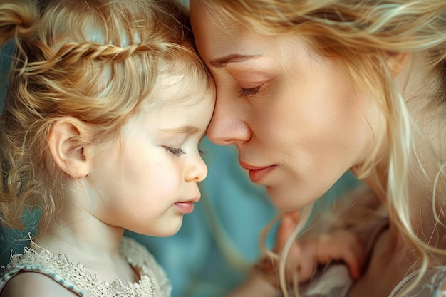 Tender Moment Between Mother and Daughter with Gentle Forehead Touch and Affectionate Embrace