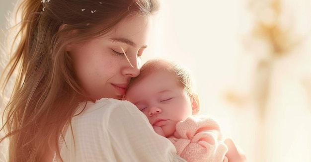 Tender moment between a mother and her sleeping newborn baby with soft backlighting