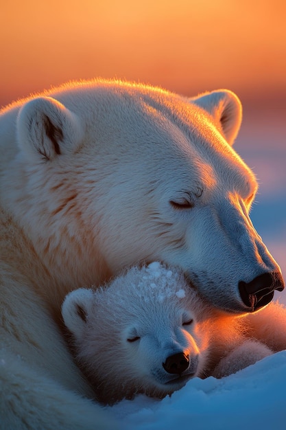 Photo tender moment between polar bear mother and cub at sunset in arctic wilderness