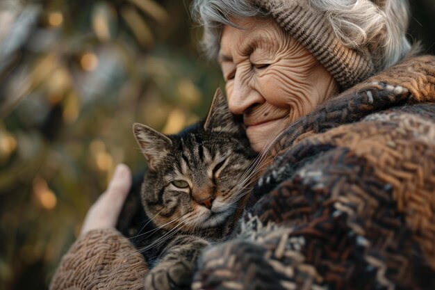 Tender moment between senior woman and cat