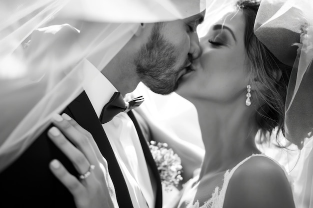 Photo tender moment of a smiling black and white wedding couple formal groom in suit with tie stands