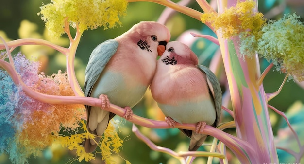 Photo tender moment between two lovebirds perched on a delicate pastelcolored branch generative ai