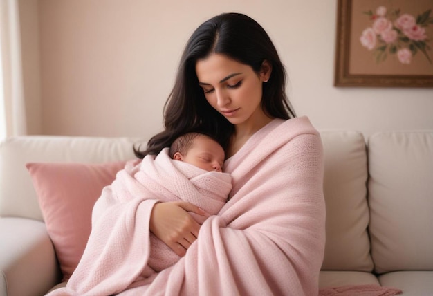 Tender Moment Woman Holding a Wrapped Baby