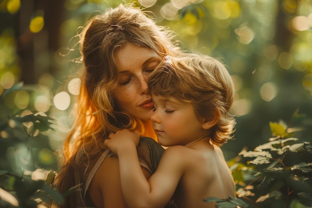 Tender Moment Between Young Mother and Child in a Dreamy Forest Setting with Warm Sunlight