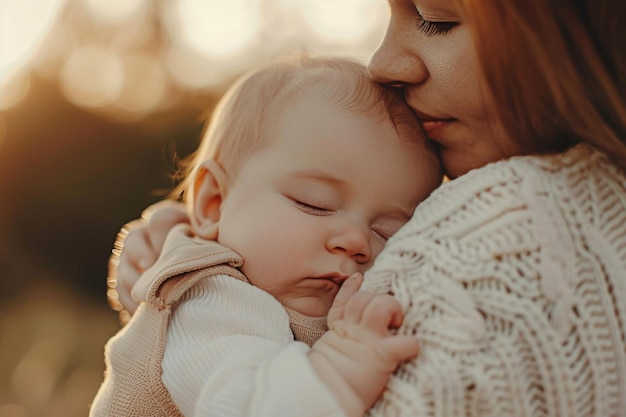 Tender moment between young mother cradling her sleeping newborn in a sunlit field of flowers at sunset