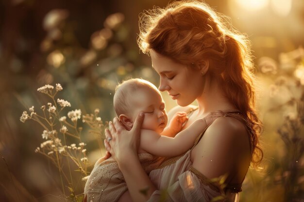 Photo tender moment between young mother cradling her sleeping newborn in a sunlit field of flowers at sunset