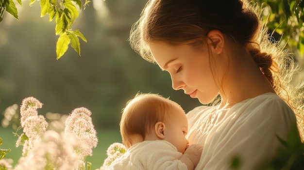 Photo tender moments of a mother nursing her baby in a peaceful outdoor setting