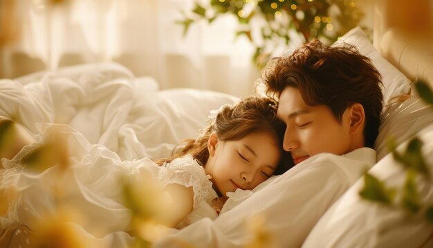 Tender Morning Embrace A Calm and Serene Image of a Couple Sleeping Peacefully in a Dreamy Softly