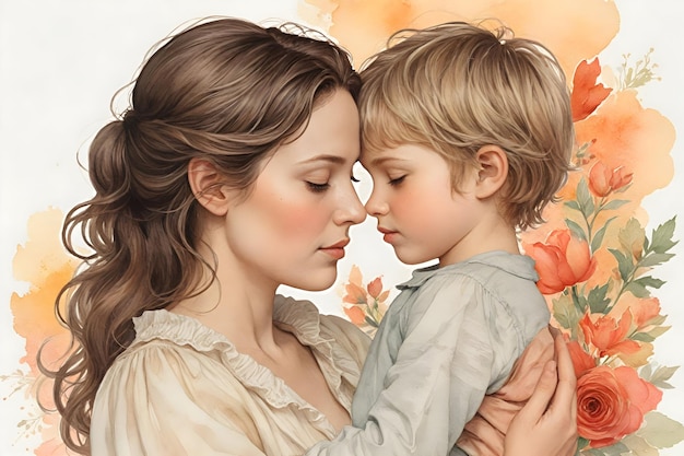 Tender Mother and Child Embrace with Floral Background