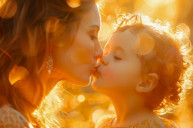 Photo tender mother and child moment in golden sunset light affectionate kiss and family bonding