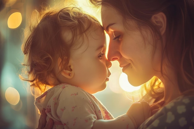 Tender Mother and Child Moment in Warm Glowing Light Intimate Maternal Affection Closeup Portrait