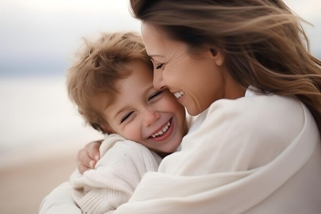 Tender mother and son embracing with sincere smiles in a warm family atmosphere and love