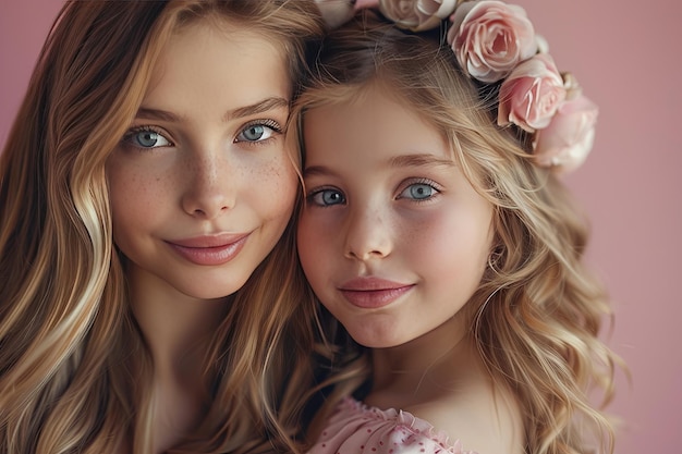 Tender MotherDaughter Embrace Against Pink Background