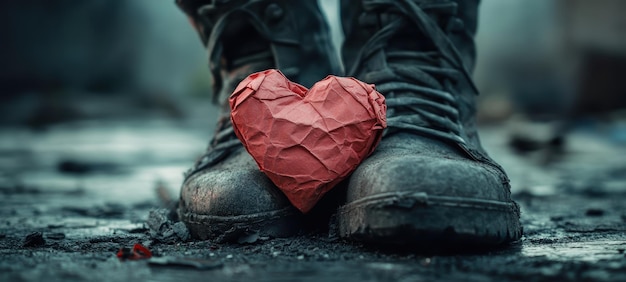 Photo a tender paper heart made with care sits on a wornout shoe