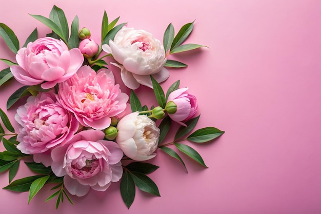 Tender peonies on pink background with copy space Abstract natural floral frame layout with text space