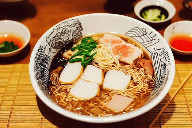 Tender pieces of chicken and noodles in japanese tonkotsu ramen bowl