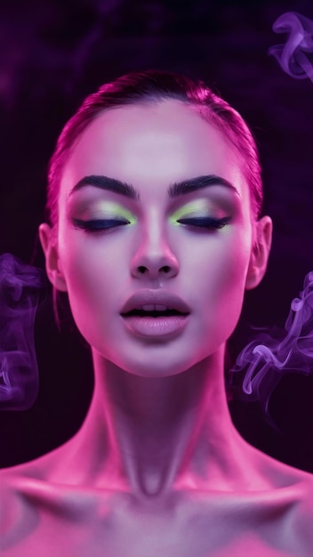 Tender portrait of female fashion model in neon light on dark