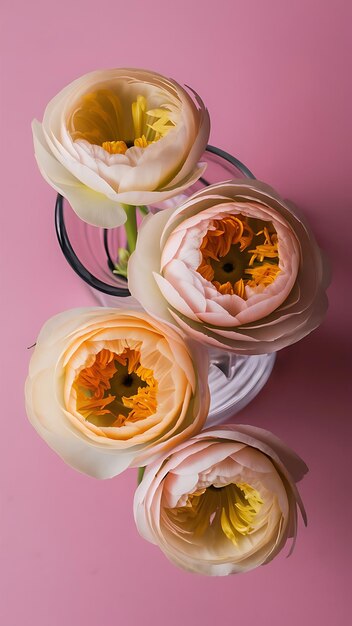 Photo tender ranunculus flowers in vase on pink background bunch of persian buttercup in floral arrangements top view