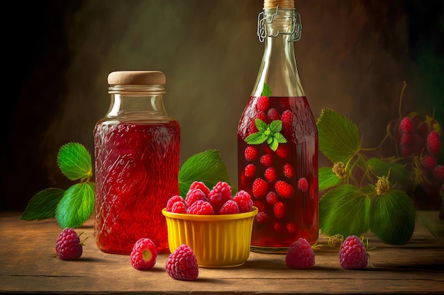 Tender raspberry and strawberry fruit confiture in glass bottles on table