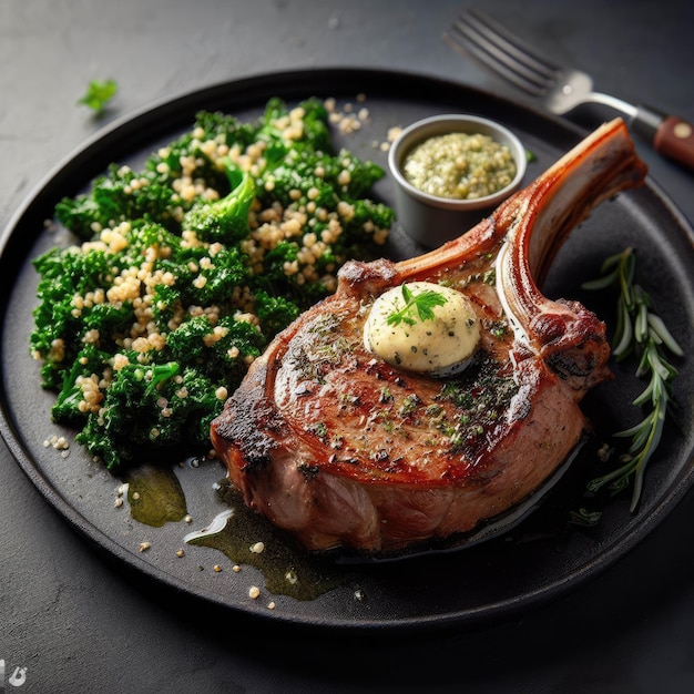 A tender roasted lamb chop with a garlic and herb butter