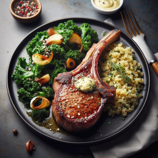 A tender roasted lamb chop with a garlic and herb butter