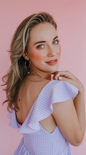 Tender tanned woman with cool hrstyle and green eyes in lilac striped dress looking into camera on