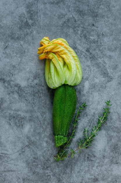 Tender zucchini with flower on a stone background Copy space