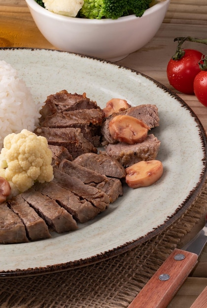 Tenderloin steak with mushroom close up Selective focus