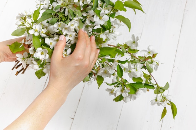 Tenderness female hands with spring flowers. Concept of tenderness, skin care, the hands of the girl hold spring flowers