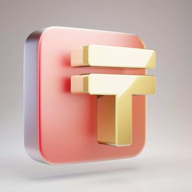 Tenge icon. Golden Tenge symbol on red matte gold plate. 3D rendered Social Media Icon.