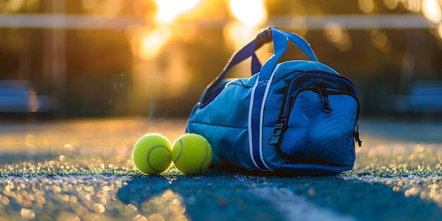 Tennis Bag and Balls on Clay Court in Golden Sunset Light with Bokeh Background