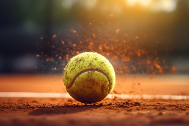 A tennis ball on a clay court