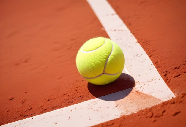 A tennis ball on a clay tennis court