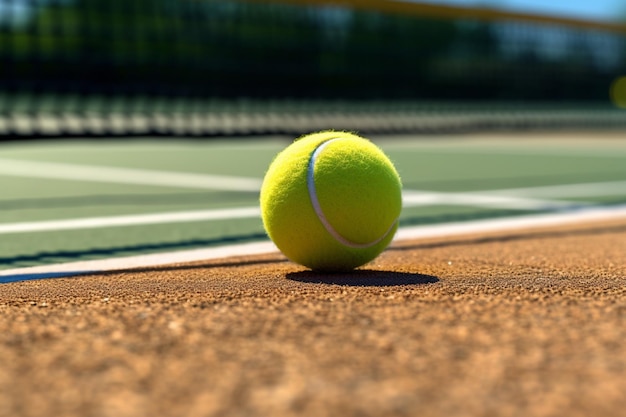 a tennis ball on a court with a blue sky in the background