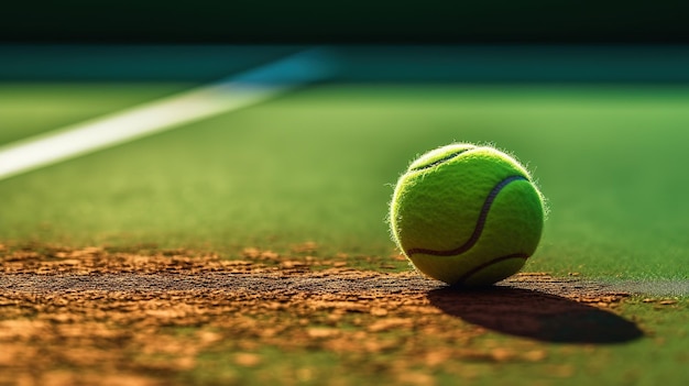 A tennis ball on the court with a green background