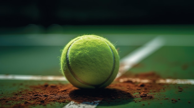 A tennis ball on a court with a white line that says'tennis'on it