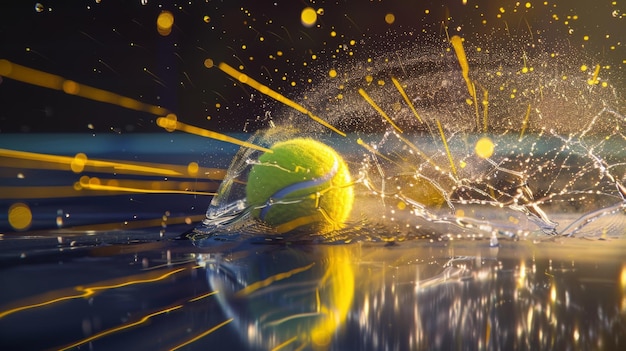 Photo a tennis ball creates a dramatic splash and scattering of water droplets frozen in midair against a golden backdrop