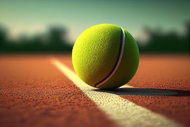 Tennis ball on empty court floor close up outdoor sport field Generative Ai