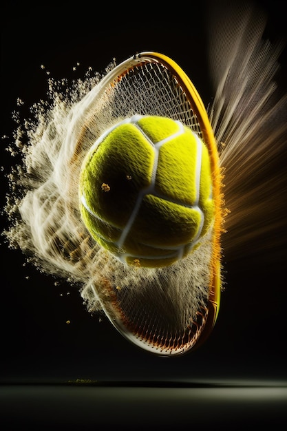 A tennis ball is being sprayed with water and is being sprayed with a water splash.