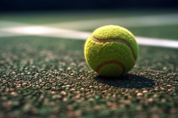 a tennis ball is on the court with a white line in the background