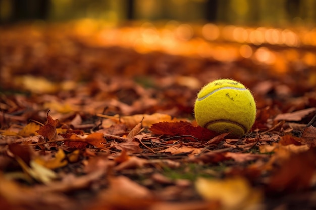 Tennis ball lying amidst fallen autumn leaves on a court merging sport with nature