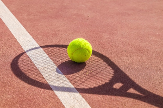 Tennis ball and racket on the court